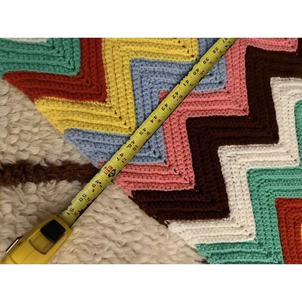 VTG Crochet Afghan Blanket Zig Zag green Brown Chevron Colors Grandma 48 X 78